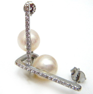 Back to Front Angular Drop Round White Pearls Earrings